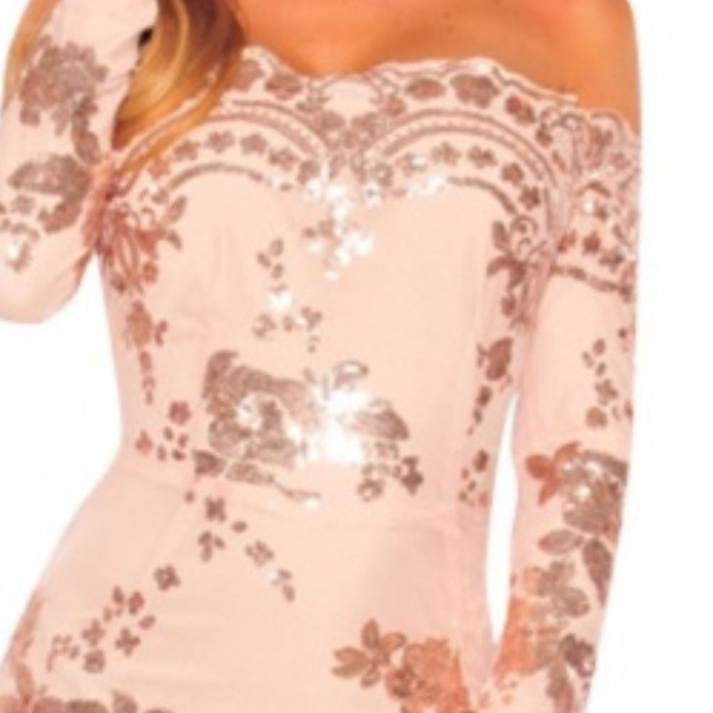 💖SALE💖 Rose Pink Off Shoulder Sequin Trim. Party Dress - Picture 6 of 7
